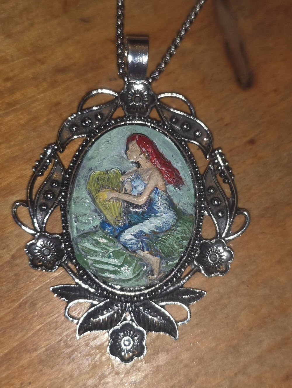 Lady Playing Harp Handpainted Silver Tone Pendant With Chain Necklace